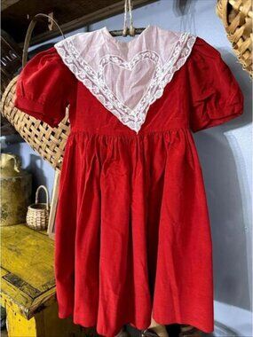 Vintage Handmade HEAVY Red Brocade Dress Sz 2T Lace Colonial Prairie Primitive